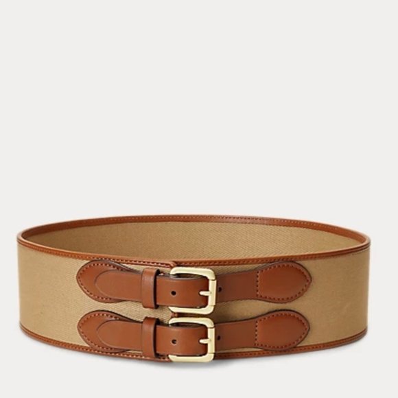 Lauren Ralph Lauren Leather Trim Twill Wide Belt in Khaki Lauren Tan main image 2